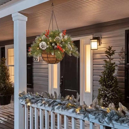 Artificial Christmas Hanging Basket, w/Led Light& Frosted Pine Cones Berry Decor