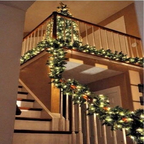 9ft Bushy Pine XMAS Christmas Garland with Lights for Stairs Outdoor Decorations