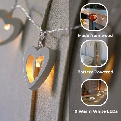 1.5m Battery Wooden Love Heart Warm White LED Indoor Fairy String Wire Lights
