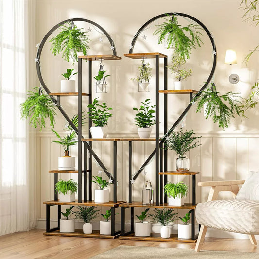6 Tier Metal Plant Stand Indoor Half Heart Shaped Flower Shelf W/ Hanging Hooks