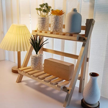 2-Tier Foldable Storage Rack Wooden Ladder Shelf Free-Standing for Home Decor