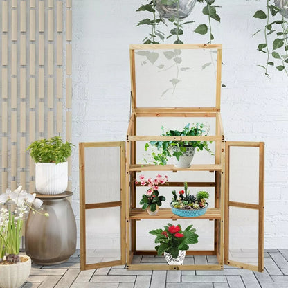 Mini Wooden Cold Frame Greenhouse Outdoor 3-Tier Raised Flower Planter Shelf