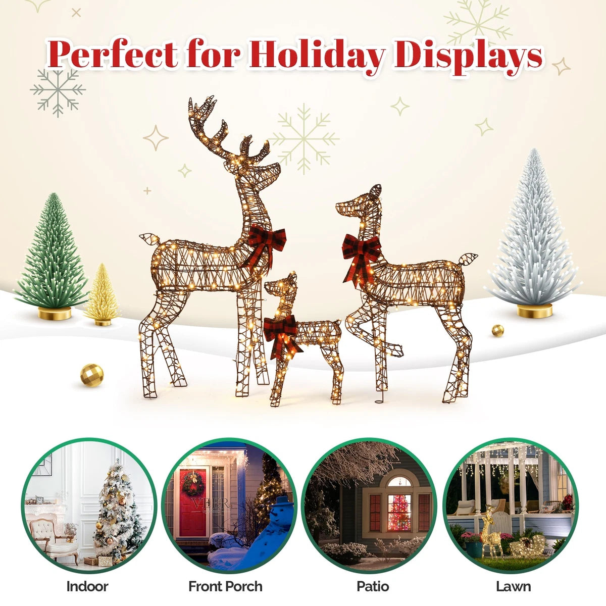 3pcs 4FT Lighted Christmas Rattan Reindeer Xmas Decoration Deer Family Set Brown