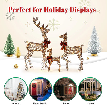 3pcs 4FT Lighted Christmas Rattan Reindeer Xmas Decoration Deer Family Set Brown