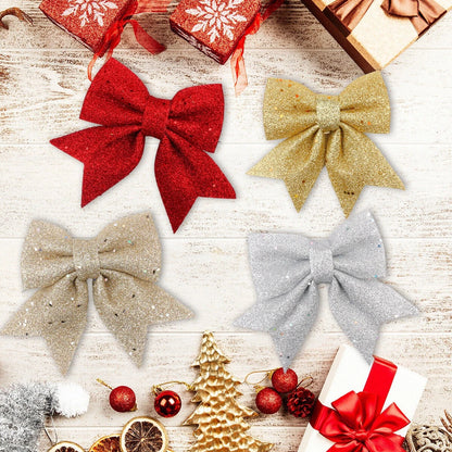 10Pcs Glitter Bows Christmas Tree Big Bowknot Ornaments Xmas Party Present Gifts