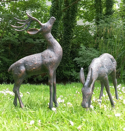 Medium Stag and Doe Deer Garden sculptures cast in Aluminium with aged finish