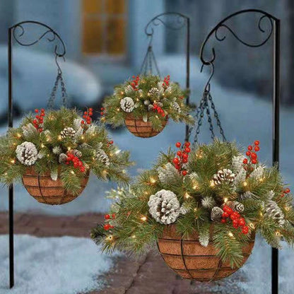 Artificial Christmas Hanging Basket, w/Led Light& Frosted Pine Cones Berry Decor