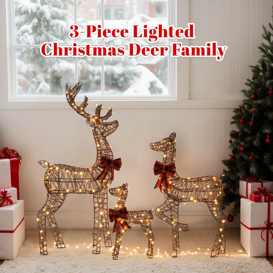 3pcs 4FT Lighted Christmas Rattan Reindeer Xmas Decoration Deer Family Set Brown