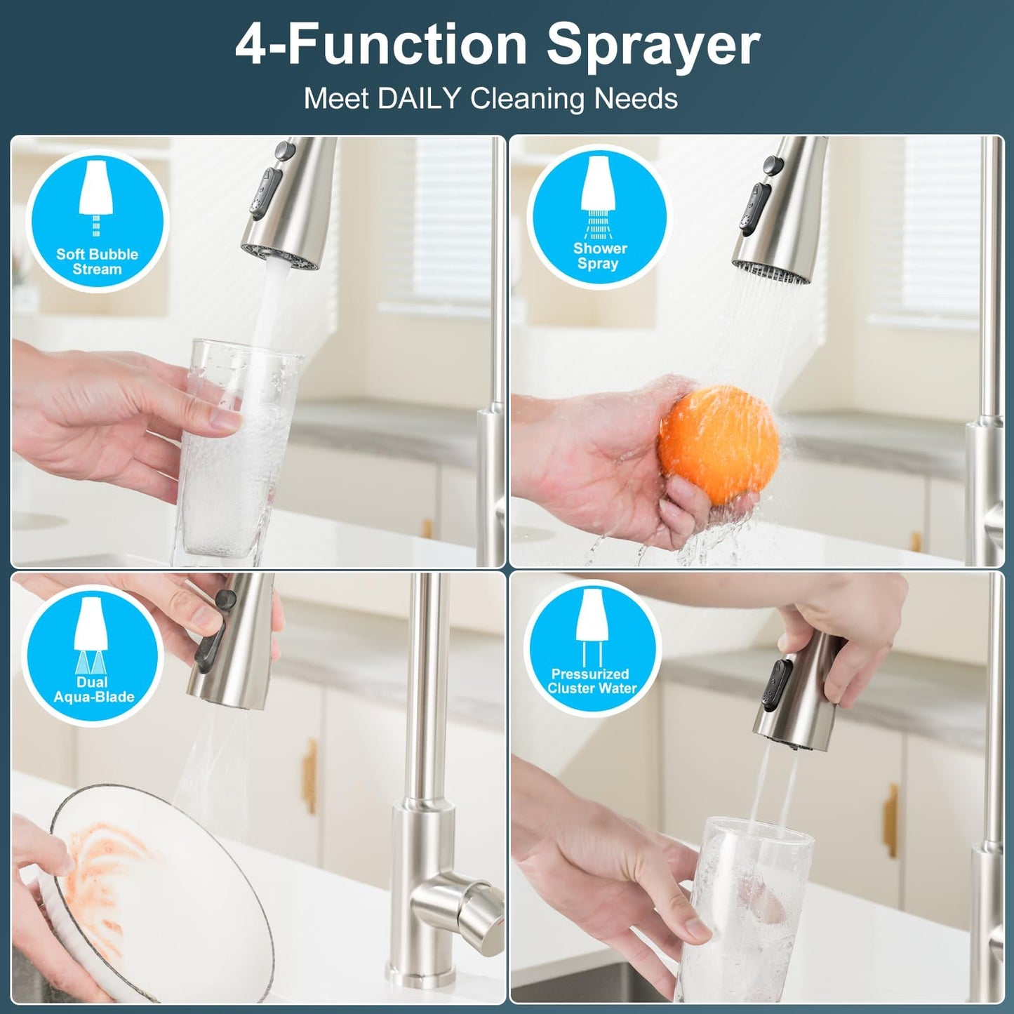 Kitchen Sink Mixer Taps, Pull Out Hose Brushed Stainless Steel 4 Spary Modes,360° Swivel