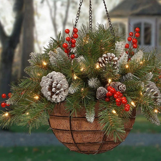 Artificial Christmas Hanging Basket, w/Led Light& Frosted Pine Cones Berry Decor