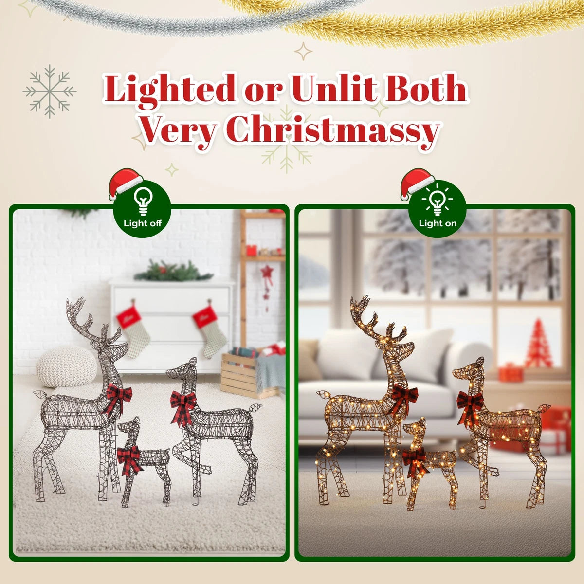 3pcs 4FT Lighted Christmas Rattan Reindeer Xmas Decoration Deer Family Set Brown