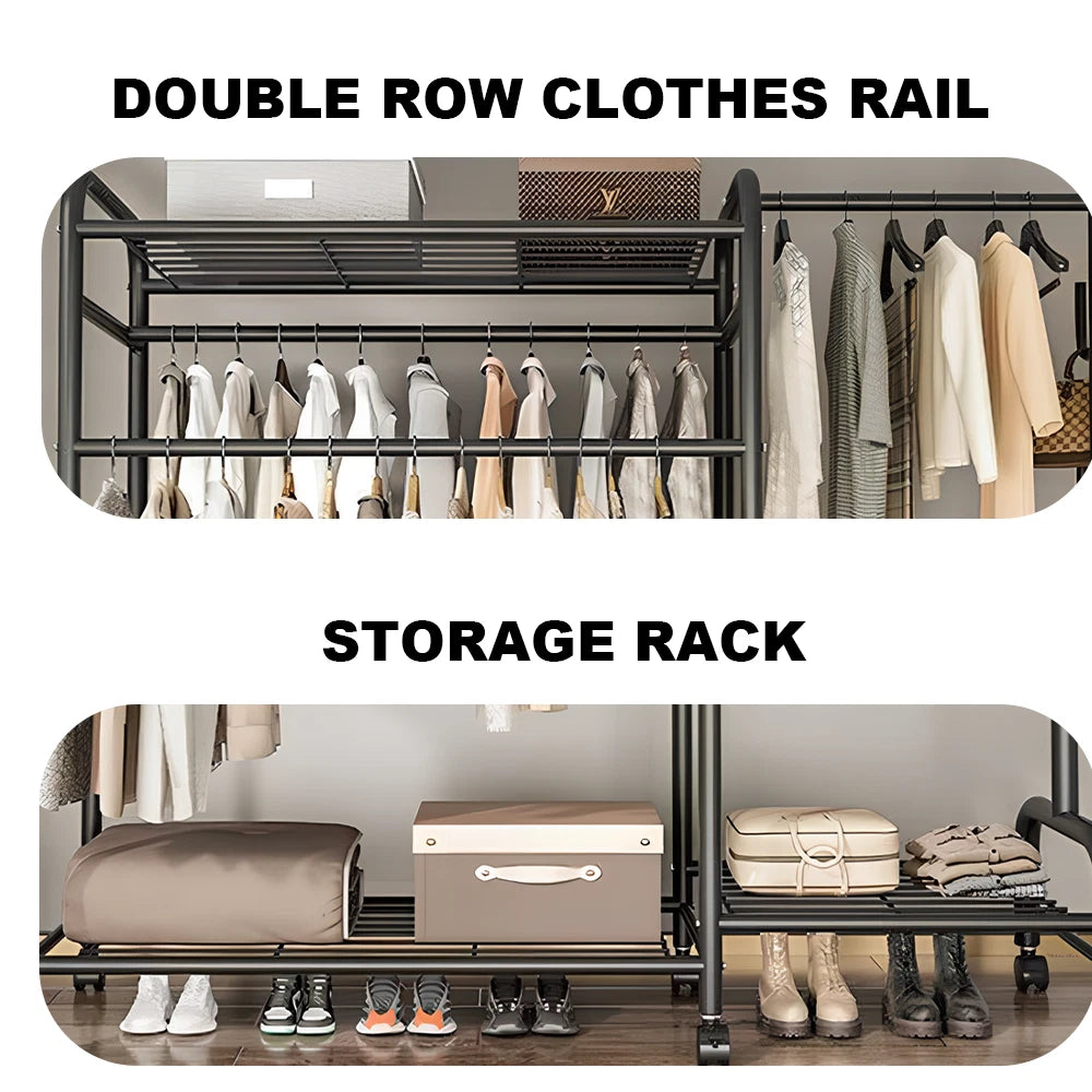 Heavy Duty Double Clothes Rail Rack Garment Hanging Stand Open Wardrobe Shelf UK
