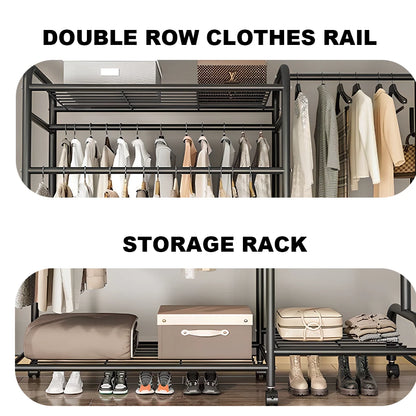 Heavy Duty Double Clothes Rail Rack Garment Hanging Stand Open Wardrobe Shelf UK