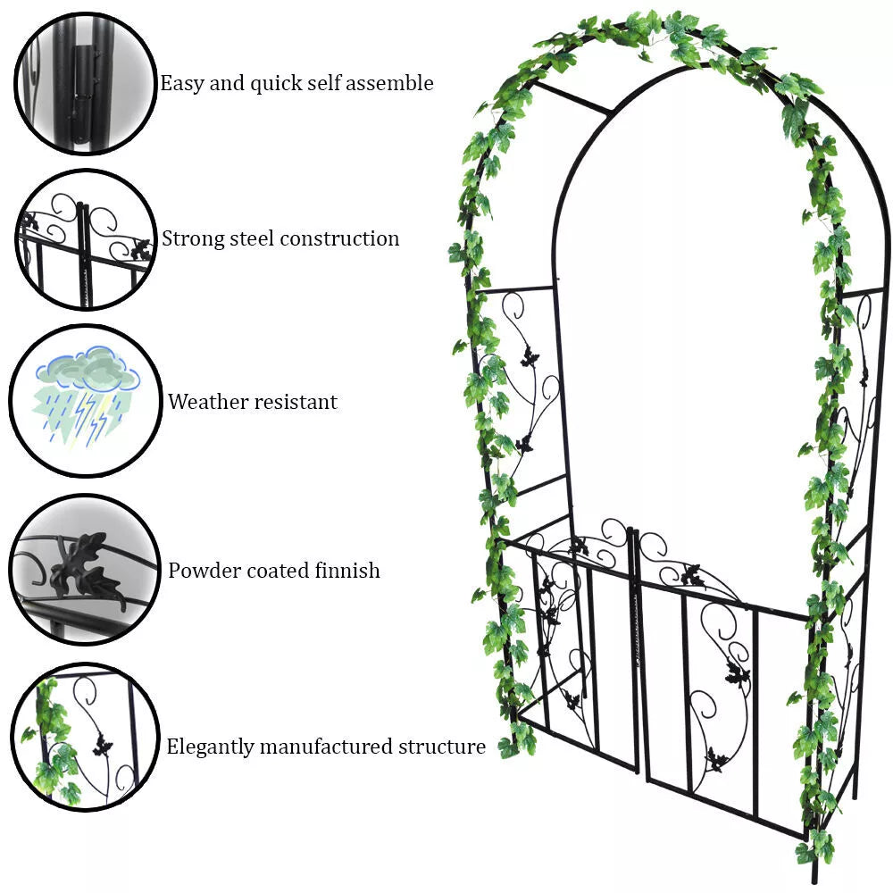 Metal Garden Arch With Gate Archway Ornament For Climbing Plants New