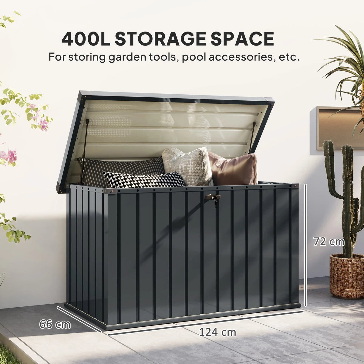 400L Waterproof Metal Outdoor Storage Box with Lock and Keys