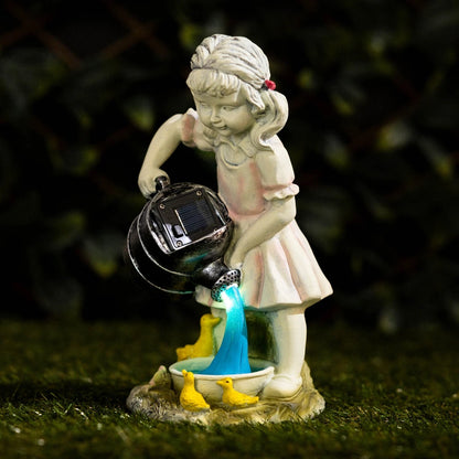 Solar LED Garden Ornament Girl Watering Can Outdoor Light Up Statue Lighting