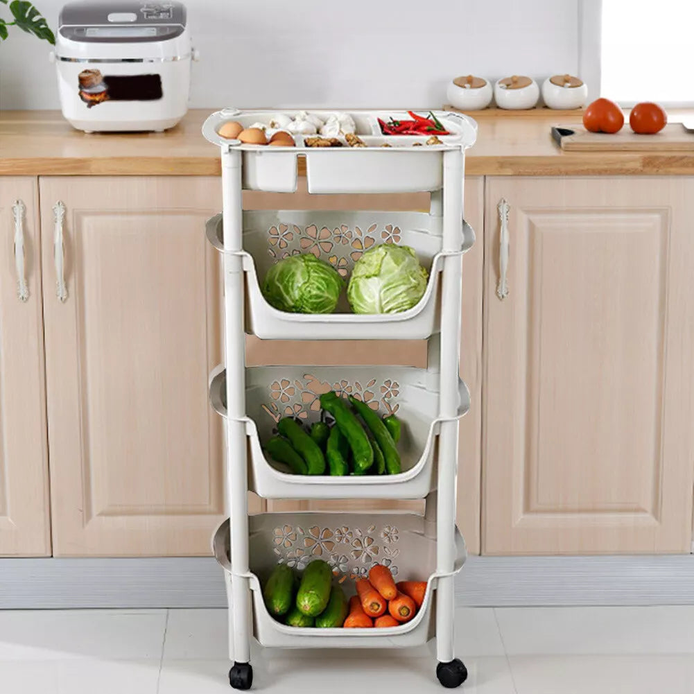 4 Tier Kitchen Basket Storage Trolley Organiser Fruit Vegetable Rack On Wheels