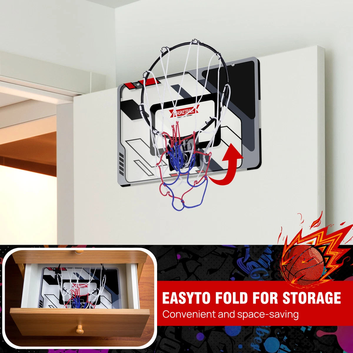 Indoor Outdoor Mini PRO Backboard Basketball Hoop for Door with Ball & Pump