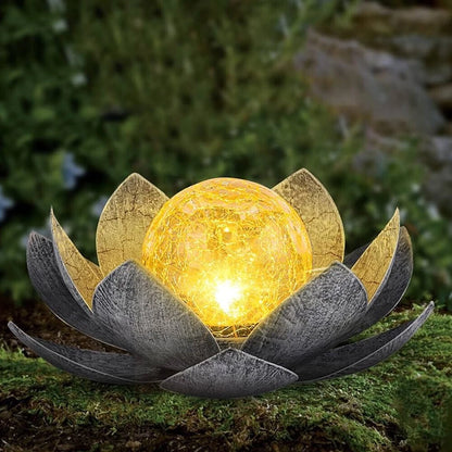 Solar Lotus Flower Light LED  Silver Glass Crackle Ball Ornament 28cm