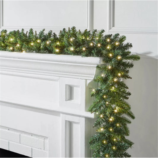 9ft Bushy Pine XMAS Christmas Garland with Lights for Stairs Outdoor Decorations