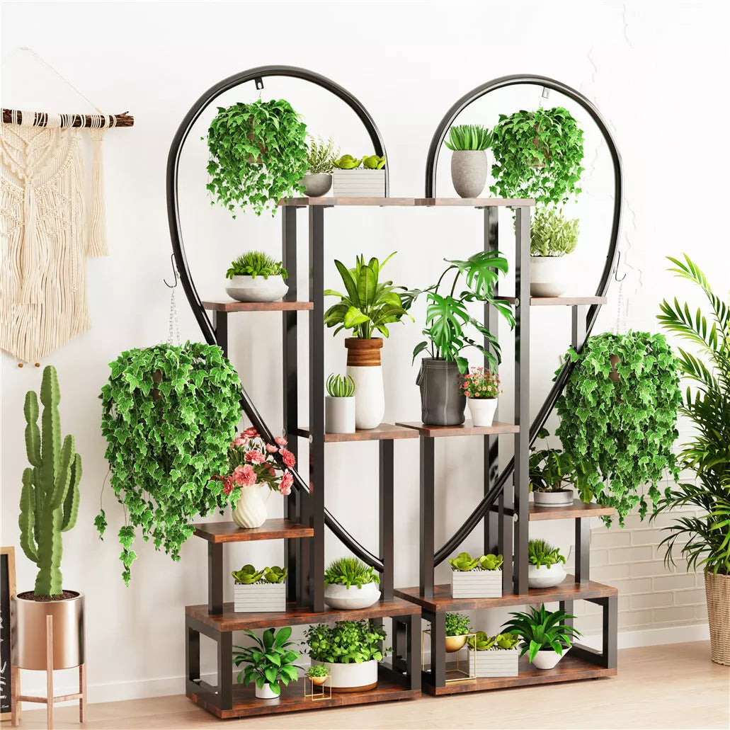6 Tier Metal Plant Stand Indoor Half Heart Shaped Flower Shelf W/ Hanging Hooks