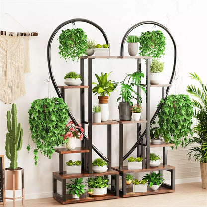 6 Tier Metal Plant Stand Indoor Half Heart Shaped Flower Shelf W/ Hanging Hooks