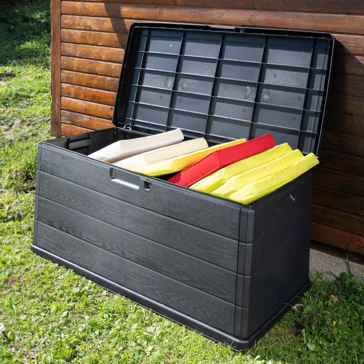 350L Outdoor Patio Black Plastic Garden Storage Box With Handles And Wheels