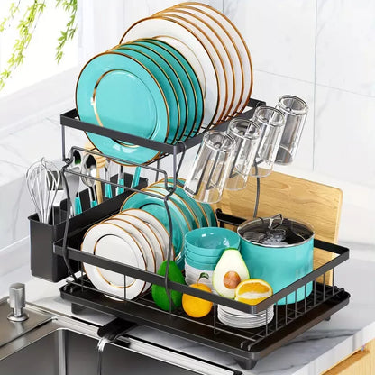 2 Tier Dish Drainer Rack Cutlery Holder Plate Rack Kitchen Sink with Drip Tray