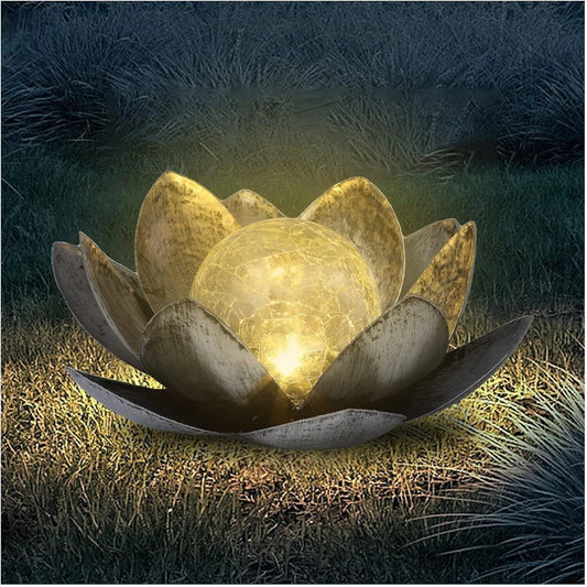 Solar Lotus Flower Light LED  Silver Glass Crackle Ball Ornament 28cm