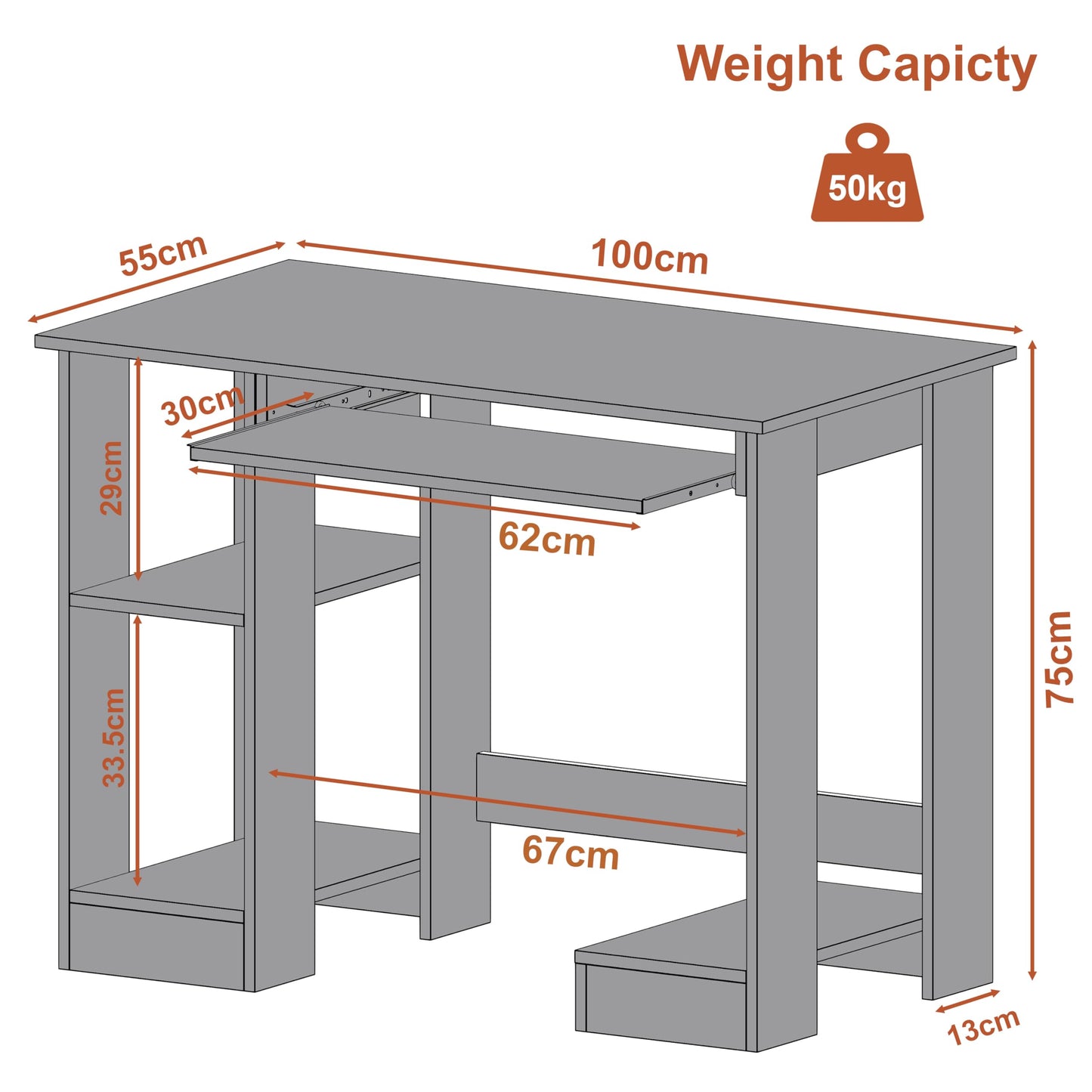 Home Office Desk, White Computer Desk With Shelves  (100 x 55 x 75CM)