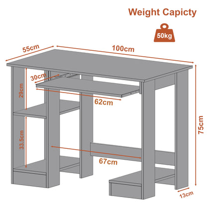 Home Office Desk, White Computer Desk With Shelves  (100 x 55 x 75CM)