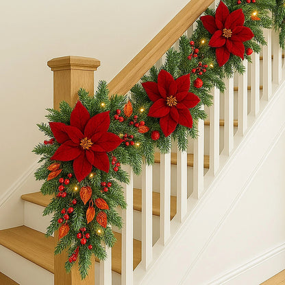 Christmas Light Up Garland 9ft Artificial Luxury Red Poinsettia Warm White LED's