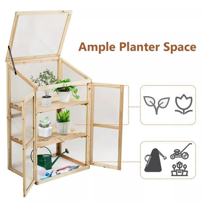 Mini Wooden Cold Frame Greenhouse Outdoor 3-Tier Raised Flower Planter Shelf