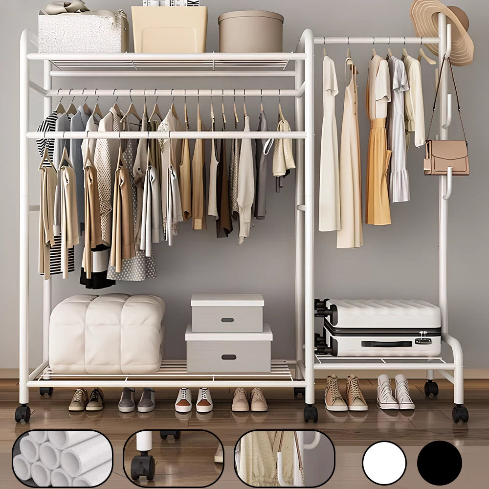 Heavy Duty Double Clothes Rail Rack Garment Hanging Stand Open Wardrobe Shelf UK