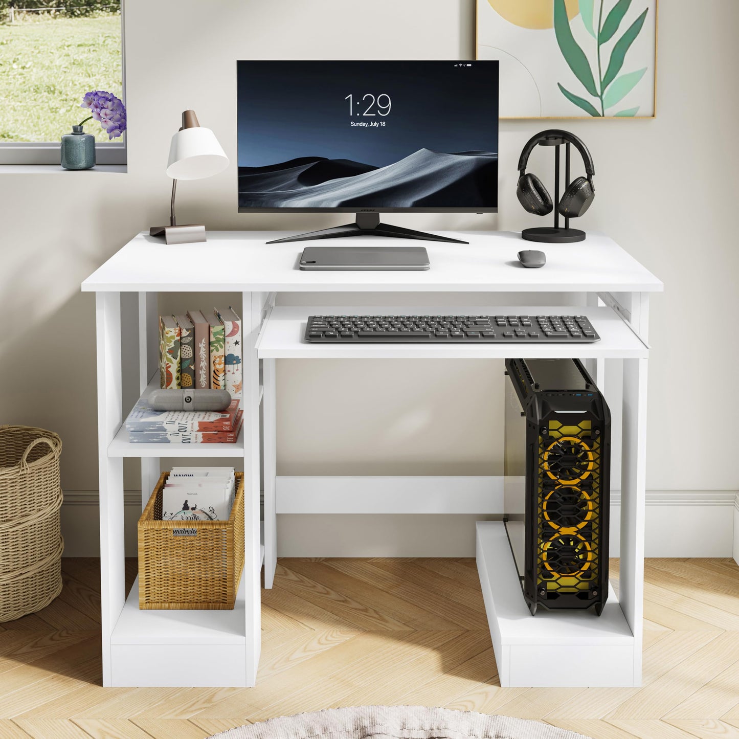 Home Office Desk, White Computer Desk With Shelves  (100 x 55 x 75CM)