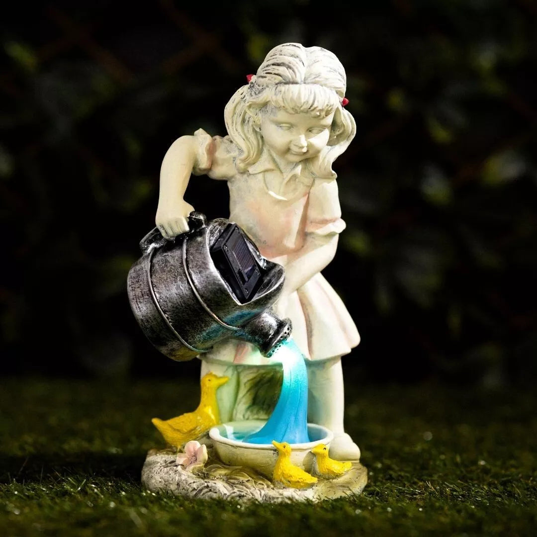 Solar LED Garden Ornament Girl Watering Can Outdoor Light Up Statue Lighting