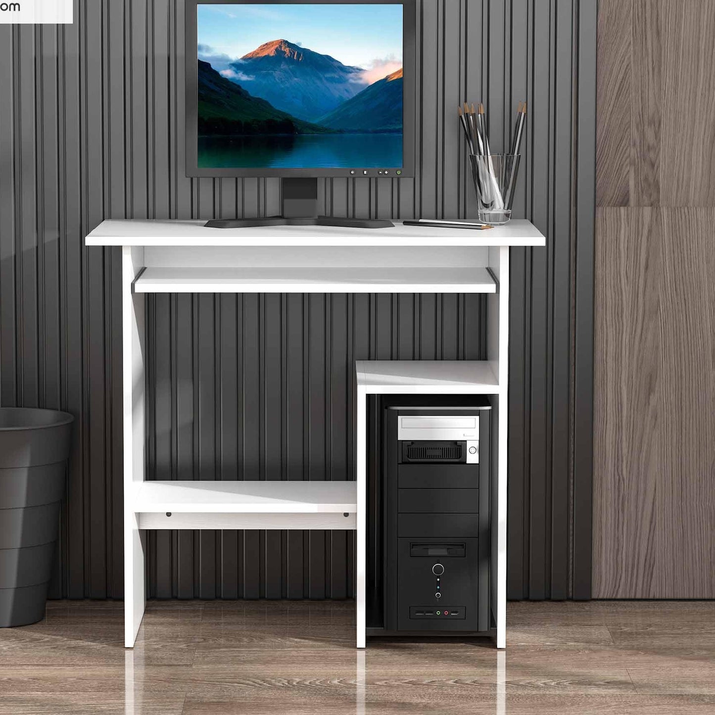 Wooden Desk Keyboard Tray Storage Shelf Modern Corner Table Home Office White