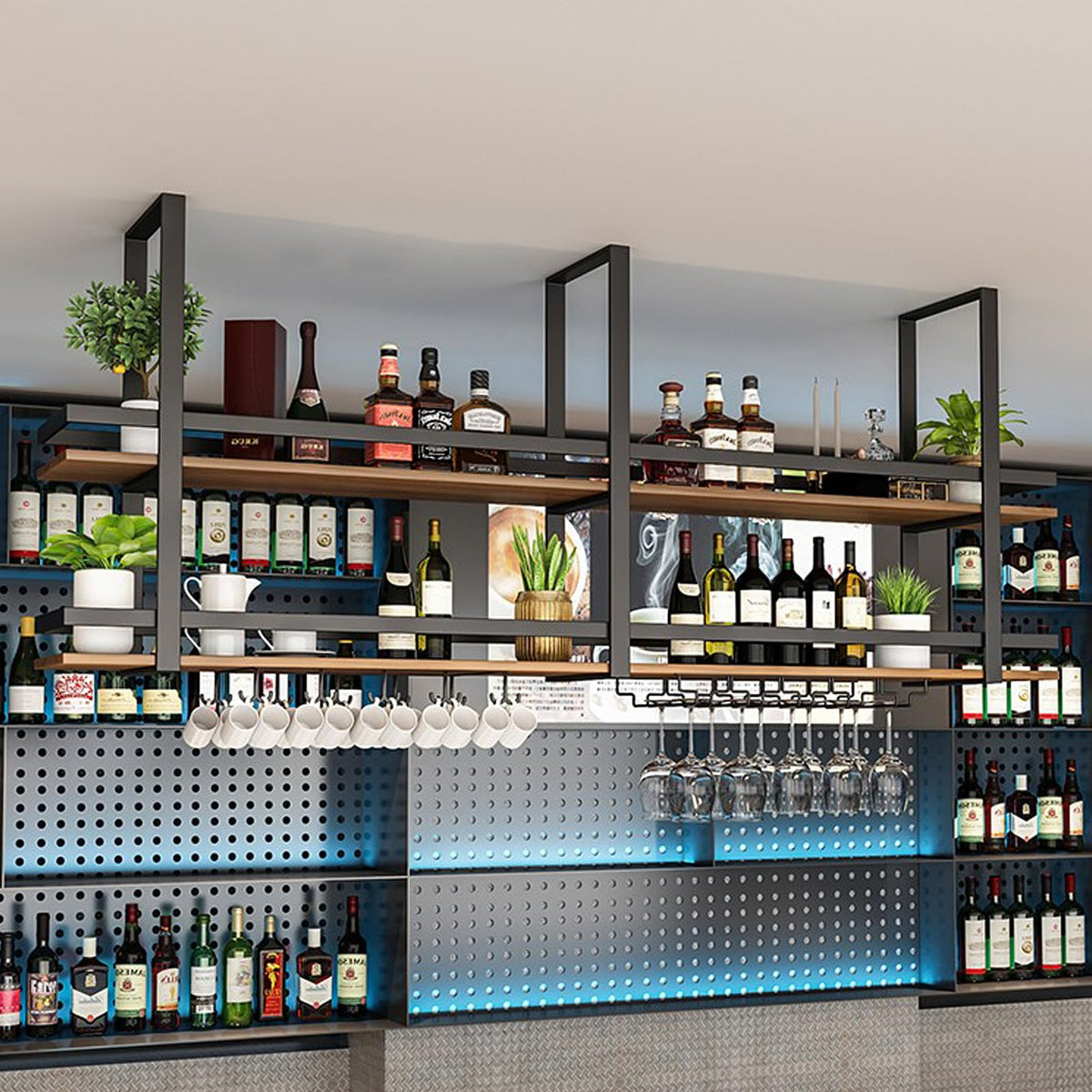Hanging Wine Rack 2-Layer Industrial Hanging Display Wine Storage Holder 80cm