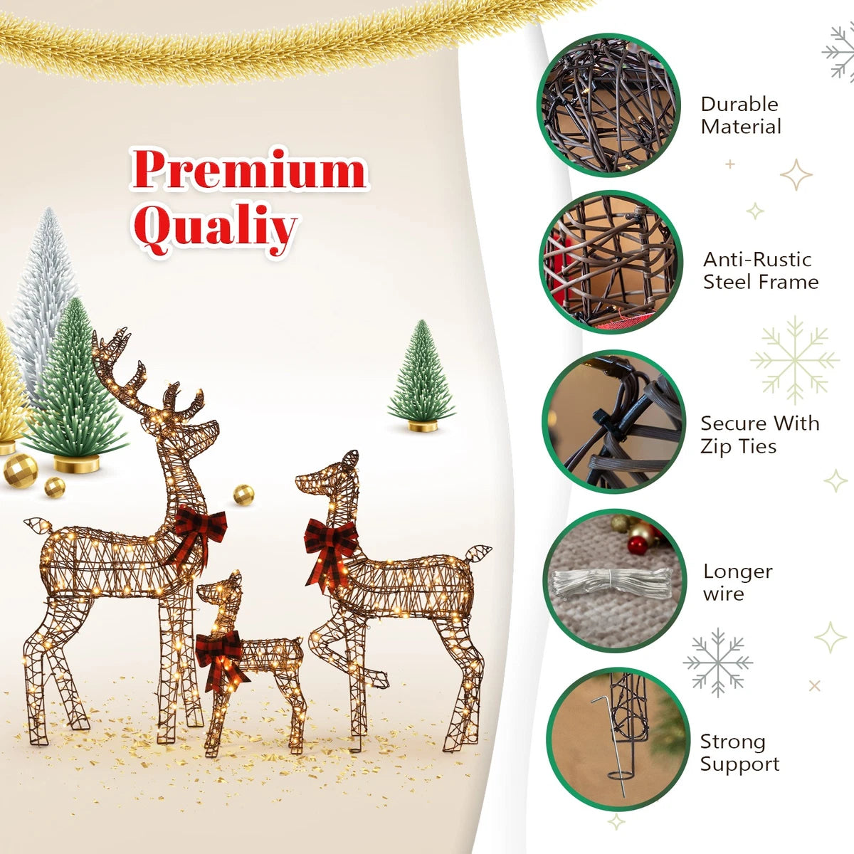 3pcs 4FT Lighted Christmas Rattan Reindeer Xmas Decoration Deer Family Set Brown