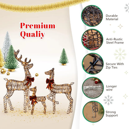 3pcs 4FT Lighted Christmas Rattan Reindeer Xmas Decoration Deer Family Set Brown