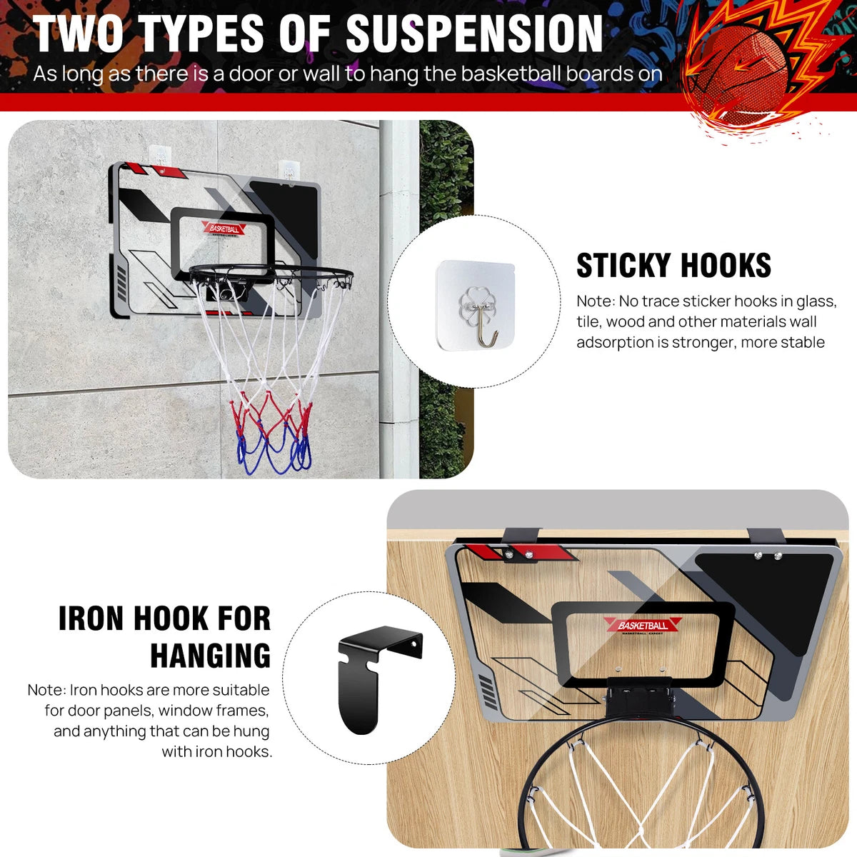 Indoor Outdoor Mini PRO Backboard Basketball Hoop for Door with Ball & Pump