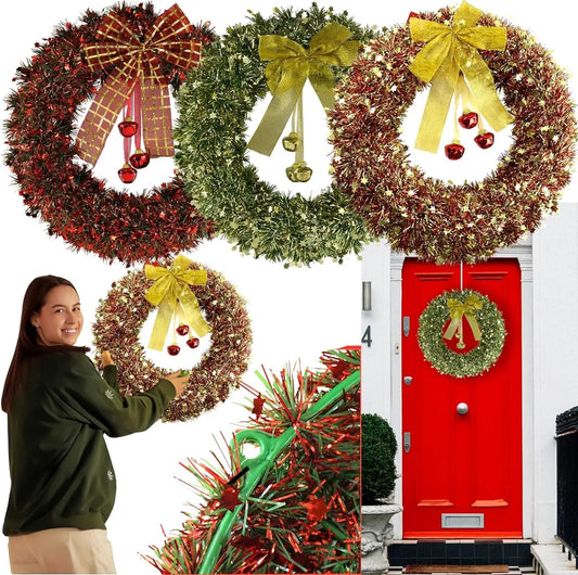 42cm Large Christmas Tinsel Wreath Gold 'Red and silver, Wall Window Door Hanging Decoration