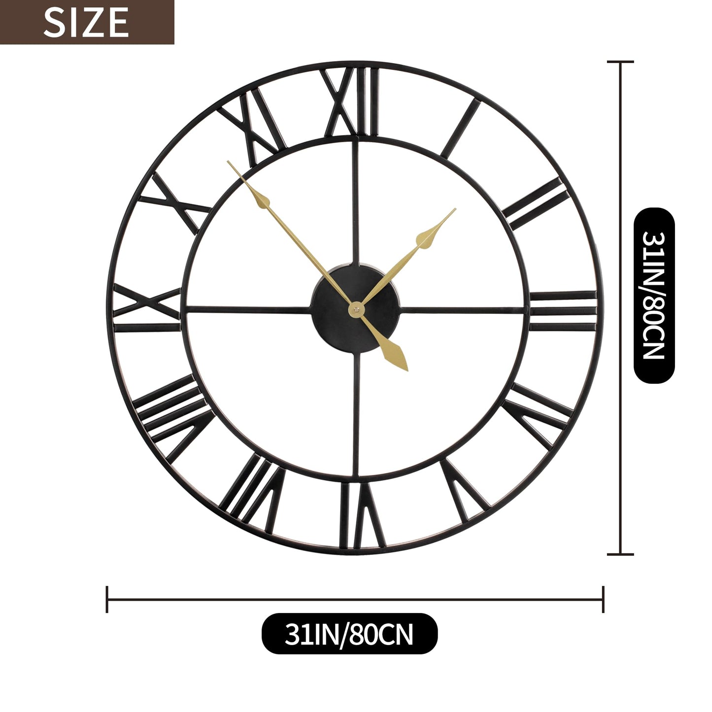 80CM Large Wall Clock 30 Inches Oversized Modern Round Black Metal