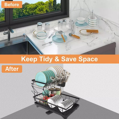 2 Tier Dish Drainer Rack Cutlery Holder Plate Rack Kitchen Sink with Drip Tray