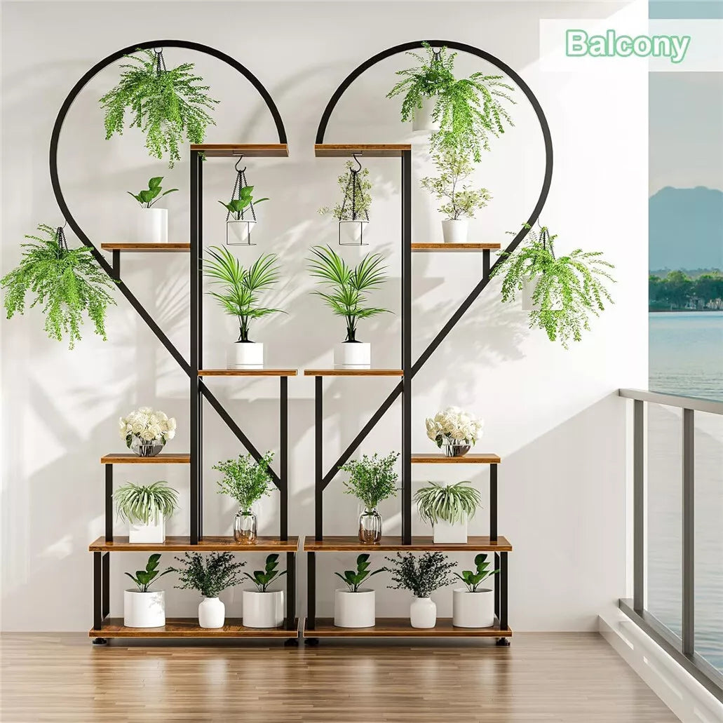 6 Tier Metal Plant Stand Indoor Half Heart Shaped Flower Shelf W/ Hanging Hooks