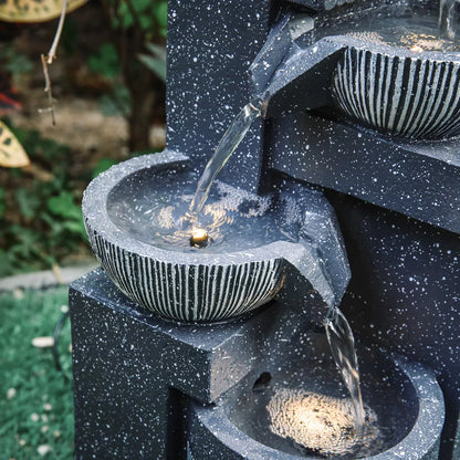 Solar Tiered Water Feature Fountain LED Lights Garden Yard Cascade Statues Pump