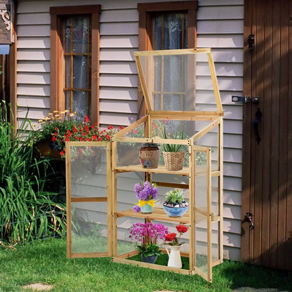 Mini Wooden Cold Frame Greenhouse Outdoor 3-Tier Raised Flower Planter Shelf