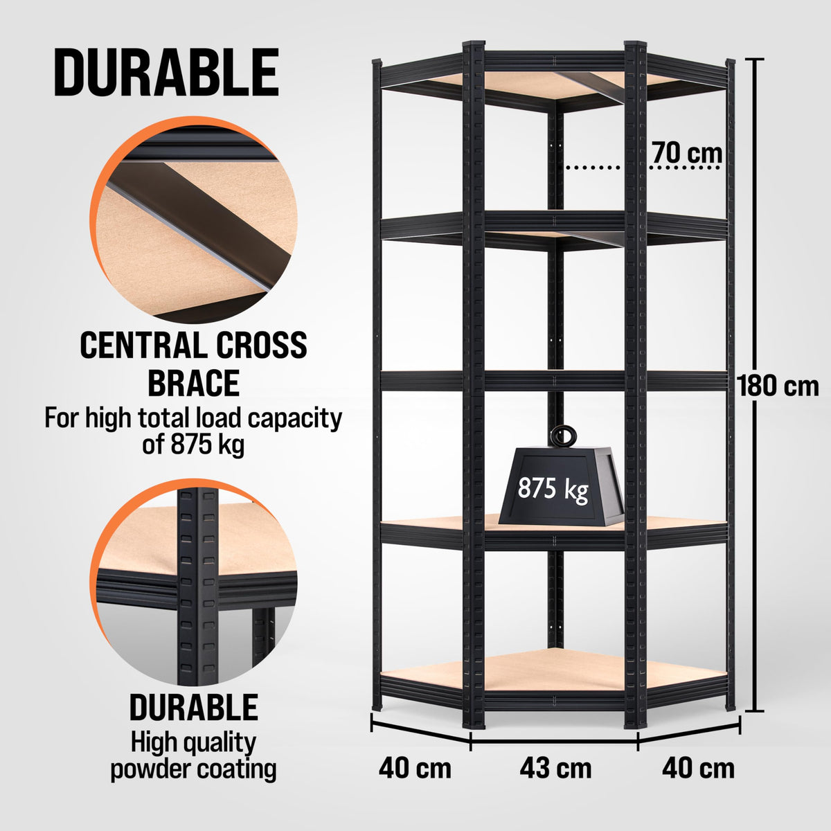 Corner Shelf 5-Tier Heavy Duty Garage Shelving 180x70x40cm Metal Shelving Units