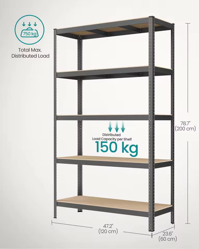 5 Tier Shelving Unit 200x120x60cm Heavy Duty Adjustable Storage Shelves