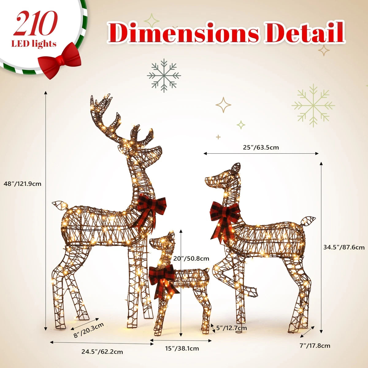 3pcs 4FT Lighted Christmas Rattan Reindeer Xmas Decoration Deer Family Set Brown